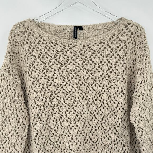 Moon & Madison cropped pullover sweater open knit crochet crew tan boho M - Picture 2 of 7